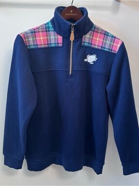 Shelly Cove Save the Turtles Navy Blue 1/4 Zip Sweatshirt Plaid Women’s Medium